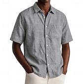 abordables Classic-Men Shirt Linen Shirt Summer Shirt Beach Wear Button Up Shirt Plain Casual Daily Black Navy Blue Sky Blue Khaki Short Sleeve Collar Spring &amp; Summer Summer Clothing Apparel Pocket