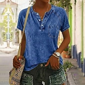 baratos Camiseta lisa-Camiseta feminina softfade™ 100% algodão estilo Henley - camiseta vintage de alta qualidade com manga curta, gola redonda e bolso.