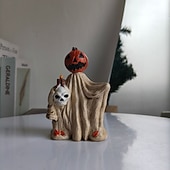 abordables Figurines et ornements-Lot de 2 figurines de fantômes citrouilles d'Halloween, ensemble de statues fantômes en résine avec lanternes en forme de crâne, décoration rustique d'automne pour étagère, cheminée, plateau à étages