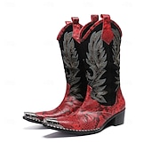 tanie Wysokiej jakości skórzane buty-męskie czerwone haftowane kowbojskie buty – zabytkowe, westernowe buty do jazdy konnej, designerskie obuwie na rodeo, koncerty country, festiwale muzyczne i występy sceniczne