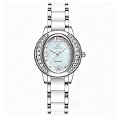 cheap Quartz Watches-Women's Rose Gold Fashion Watch, White Ceramic Style Link Bracelet, Mother of Pearl Dial with Crystal Bezel, Elegant Quartz Dress Wristwatch for Ladies, Perfect Jewelry Gift for Her