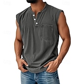 baratos Tops de ginásio-Regata masculina vintage 100% algodão com lavagem ácida, camiseta sem mangas, camiseta regata sem mangas estilo henley, camiseta básica de verão lisa, de grife, com bolsos e botões, para férias, estilo urbano, preta, para homens.