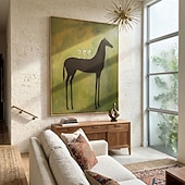 voordelige Schilderijen van dieren-Hand painted Modern Abstract Animal paintings Horse Art Original Surreal Horse Painting with Martini Glasses Olive Green Minimalist Black Animal Wall Art