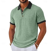 cheap Men's Classic Polo-Men's Linen Shirt Polo Shirts Casual Vacation Classic Short Sleeve Fashion Solid Color Textured Color Block Buttons Summer Spring Regular Fit Light Green Green Gray Light Blue Linen Shirt