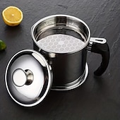  Coletor de gordura para bacon com cabo em aço inoxidável 304, com escorredor e tampa. &Bandeja antiderrapante, recipiente para gordura de cozinha com capacidade para 1,3 l/44 oz, filtro de malha fina