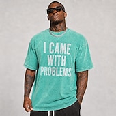  Camiseta masculina "I came with problems" 100% algodão, lavagem ácida, tecido pesado, manga curta, estampa DTG, gola redonda, moda casual, para o dia a dia, férias, nas cores azul, preta e vermelha,