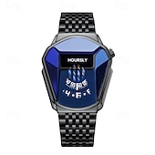 economico Orologi al quarzo-Orologio da polso di lusso da uomo in oro, design creativo a scudo triangolare con esclusivo display a disco rotante, cristallo blu sfaccettato, cinturino in acciaio inossidabile, impermeabile,