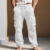  Homens Calças de linho Calças Calça verão Bolso multi Perna reta Tecido Conforto Respirável Comprimento total Diário Ao ar livre Para Noite Moda Roupa de rua Azul Branco