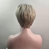 preiswerte ältere Perücke-Kurze, platinblonde Pixie-Bob-Perücke mit Pony – gestuftes, aschblondes Kunsthaar für Damen, natürlich voluminöses Haarteil für den Alltag