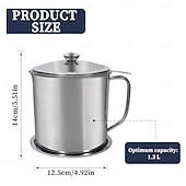  Coletor de gordura para bacon com cabo em aço inoxidável 304, com escorredor e tampa. &Bandeja antiderrapante, recipiente para gordura de cozinha com capacidade para 1,3 l/44 oz, filtro de malha fina