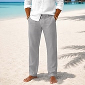  Herren Leinenhosen Hose Anzughose Sommerhose Strandhose Tasche Einfach Komfort Atmungsaktiv Volle Länge Lässig Täglich Outdoor Urlaub Mode Khaki Schwarz Unelastisch