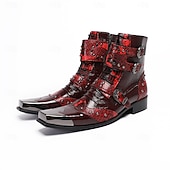 cheap Premium Leather Boots-Men's Red Western Biker Boots – Exotic Buckle Ankle Boots, Vintage Cowboy Footwear for Motorcycle Riding, Concerts, Music Festivals and Nightlife