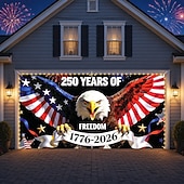  250th Years of Freedom Garage Door Cover With String Lights Decoration 7x16ft American Flag Pentagram 4th of July Anniversary Backdrop Independence Day Patriotic Themed Party Banner Deco