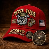  Boné comemorativo do 250º aniversário do Corpo de Fuzileiros Navais dos EUA, modelo Devil Dog. &Conjunto de moedas, boné de beisebol vermelho bordado com emblema da USMC Semper Fidelis (águia, globo e