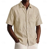 abordables Classic-Men Shirt Linen Shirt Summer Shirt Beach Wear Button Up Shirt Plain Casual Daily Black Navy Blue Sky Blue Khaki Short Sleeve Collar Spring &amp; Summer Summer Clothing Apparel Pocket