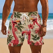  Men's Flamingo Coconut Tree Tropical Plants Swim Trunks Bathing Suits Swim Shorts Board Shorts Mid Waist Hawaiian Daily Beach Vacation Wear Side Pockets Mesh Lining Elastic Drawstring Waist Designer