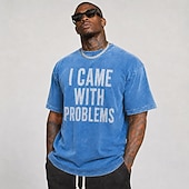  Camiseta masculina "I came with problems" 100% algodão, lavagem ácida, tecido pesado, manga curta, estampa DTG, gola redonda, moda casual, para o dia a dia, férias, nas cores azul, preta e vermelha,