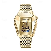economico Orologi al quarzo-Orologio da polso di lusso da uomo in oro, design creativo a scudo triangolare con esclusivo display a disco rotante, cristallo blu sfaccettato, cinturino in acciaio inossidabile, impermeabile,