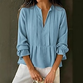 Mujer Camisa Blusa Frunce Color sólido Plano Elegante Moda Diario Manga Larga Campana Escote en Pico Tops largos Casual Diario Rojo Azul cielo Color Caquí Verano Primavera