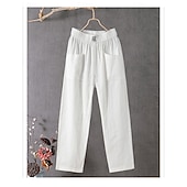  Mulheres Calças de linho de algodão Calças Calça verão Calças largas Sólido Clássico Mimolet Cintura Média Bolsos Folgado Design de cordão elástico Conforto Respirabilidade Macio Micro-Elástica