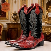 tanie Wysokiej jakości skórzane buty-męskie czerwone haftowane kowbojskie buty – zabytkowe, westernowe buty do jazdy konnej, designerskie obuwie na rodeo, koncerty country, festiwale muzyczne i występy sceniczne