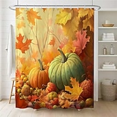 cheap Shower Curtains-Autumn Harvest Festival Pumpkin Leaf Printed Shower Curtain, Waterproof Fabric Bathroom Decor with 12 Plastic Hooks, Machine Washable