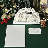 お買い得  贈り物-3Dポップアップクリスマスカード、レーザーカットの自立型グリーティングカードセット、メリークリスマスツリーリース雪の村のデザイン、家族や友人向けのエレガントな手作りホリデーカード、封筒付き新年ギフトカード
