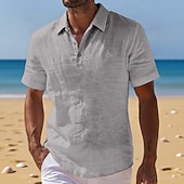 preiswerte Urlaub-Men Shirt Linen Shirt Popover Shirt Summer Shirt Beach Wear Plain Casual Vacation Black Khaki Gray Short Sleeve Shirt Collar Summer Spring Clothing Apparel