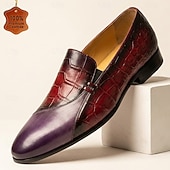tanie Skórzane mokasyny premium-bordowe mokasyny męskie z wytłoczonym wzorem krokodyla, wsuwane buty wizytowe, eleganckie buty ze szpiczastym noskiem na wesele, bankiet, wieczorne imprezy