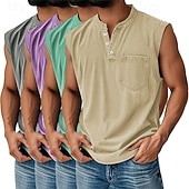 cheap Tank Tops-Men's 4-PCS Vest Top 100% Cotton Acid Wash Shirt Acid Wash Shirt Sleeveless Henley Summer Spring Plain Fashion Designer Basic Garment Dyed Vintage Washed Vacation Street Going out Top Tee for Men