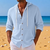 economico Vacanza-Da uomo Camicia Camicia di lino Camicia Estiva Abbigliamento da spiaggia Camicia con Bottoni Semplice Casuale Quotidiano Nero Bianco Giallo Blu marino Manica Lunga Con Cappuccio Primavera &amp; Estate