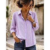  Mulheres Blusa Botões Côr Sólida à moda Casual Manga Longa Aberto para a Lateral Tops regulares Casual Diário Azul Branco Roxo Verão Primavera Outono