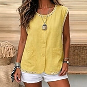 abordables Camisas-Mujer Chaleco de lino y algodón Camisa de verano Bordado Vintage Sin Mangas Cuello Barco Tops largos Casual Blanco Amarillo Azul Marino Verano Primavera