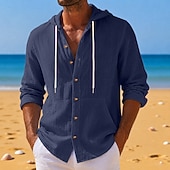 economico Vacanza-Da uomo Camicia Camicia di lino Camicia Estiva Abbigliamento da spiaggia Camicia con Bottoni Semplice Casuale Quotidiano Nero Bianco Giallo Blu marino Manica Lunga Con Cappuccio Primavera &amp; Estate