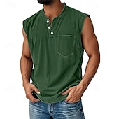 baratos Tops de ginásio-Regata masculina vintage 100% algodão com lavagem ácida, camiseta sem mangas, camiseta regata sem mangas estilo henley, camiseta básica de verão lisa, de grife, com bolsos e botões, para férias, estilo urbano, preta, para homens.