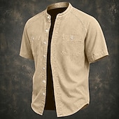 cheap Men's Smart Casual Shirts-SoftFade™ Men Shirt Casual Shirt Button Up Shirt Cotton Acid Wash Shirt Black Light Green Pink Purple khaki Short Sleeve Plain Grandad Collar Casual Daily Front Pocket Clothing Apparel Elegant Fashion