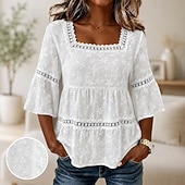  Mulheres Top de emenda de renda Franzido Textura Frufru Elegante Manga 3/4 Decote Quadrado Casual Branco Verão Primavera