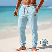 cheap Holiday-Men's Linen Pants Summer Pants Beach Pants Drawstring Elastic Cuff Plain Comfortable Breathable Full Length Casual Daily Beach Vacation Fashion Khaki Black Inelastic
