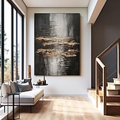 abordables Peintures Abstraites-Grande peinture à l'huile faite main de style wabi-sabi, peinture murale noire et or, peinture texturée gris or, peinture abstraite minimaliste noire, art moderne, décoration murale