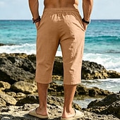 cheap Holiday-Men's Capri shorts Linen Pants Summer Pants Beach Pants Drawstring Pocket Elastic Drawstring Waist Solid Color Comfort Breathable Calf-Length Daily Outdoor Beach Vacation Fashion White Khaki Inelastic