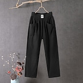  Mulheres Calças de linho de algodão Calças Calça verão Calças largas Sólido Clássico Mimolet Cintura Média Bolsos Folgado Design de cordão elástico Conforto Respirabilidade Macio Micro-Elástica