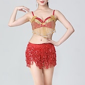 preiswerte Bauchtanzkleidung-glitzerndes Königsblau für Damen &amp;Goldenes Bauchtanzkostüm-Set – Pailletten-BH-Top und Fransenrock – Performance-Outfit für Latin Samba und Rave