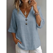  Per donna Camicie effetto lino Blusa Camicia in finto lino Bottoni Tinta unica Quotidiano Elegante Essenziale Manica 3/4 Scollo a V Top Regolari Quotidiano Blu Bianco Giallo Verde Grigio Estate
