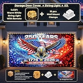  Yhdysvaltojen 250-vuotisjuhlan autotallin oven suojus merkkijonovalokoristeella, 4. heinäkuuta kotkan valokuva taustalla Amerikka 1776-2026 Yhdysvaltojen itsenäisyyspäivän banneri isänmaalliseksi sisustukseksi