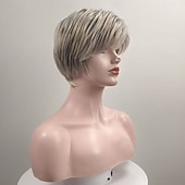 economico parrucca più vecchia-Parrucca corta biondo cenere con taglio pixie e radici scure - capelli sintetici testurizzati a strati per donna, parrucca affusolata e di tendenza per l'uso quotidiano.