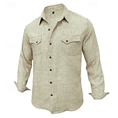 abordables Vacances-Hommes Chemise Chemise en lin Chemise d'été Tenue de plage Chemise Boutonnée Uni Occasionnel Quotidien Bleu Rose Claire bleu marine Bleu de minuit manche longue Col Printemps &amp; Été Été Vêtement Tenue