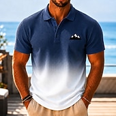 cheap Men's Hawaiian Polo-Men's Gradient Waffle Polo Shirts Short Sleeve Polo Shirts Collared Shirts Resort Athleisure Daily Wear 3D Print Buttons Breathable Mesh Spring &amp; Summer Blue Orange Brown
