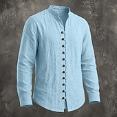  Men Shirt Linen Shirt Summer Shirt Casual Shirt Button Up Shirt Plain Casual Daily Black White Pink Sky Blue Long Sleeve Band Collar Spring & Summer Summer Clothing Apparel Buttons