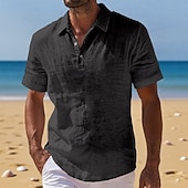 preiswerte Urlaub-Men Shirt Linen Shirt Popover Shirt Summer Shirt Beach Wear Plain Casual Vacation Black Khaki Gray Short Sleeve Shirt Collar Summer Spring Clothing Apparel