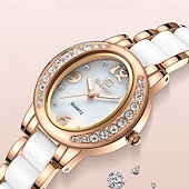 cheap Quartz Watches-Women's Rose Gold Fashion Watch, White Ceramic Style Link Bracelet, Mother of Pearl Dial with Crystal Bezel, Elegant Quartz Dress Wristwatch for Ladies, Perfect Jewelry Gift for Her